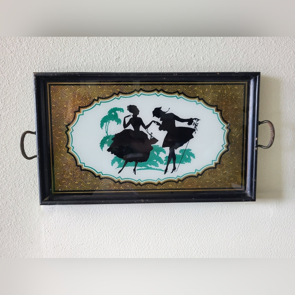Vintage Silhouette Serving Tray • Hollywood Regency Reverse Painted Glass